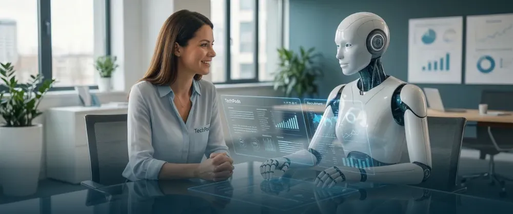 Photo of AI and human communicating in an office